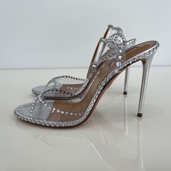 AQUAZZURA SILVER PVC LEATHER CRYSTAL SANDALS SIZE IT 38 / US 8 NEW IN BOX! - Picture 6 of 17
